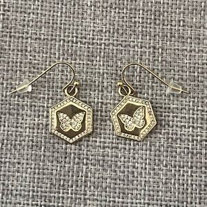 Gold Hexagon Butterfly Earrings with Crystal Accents | Butterfly Dangle Jewelry